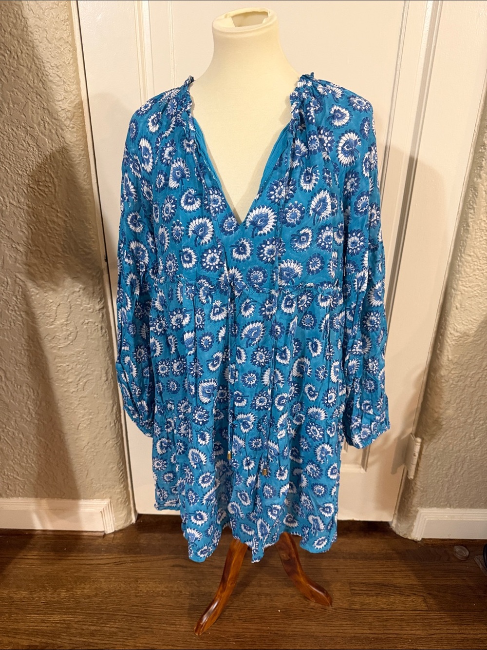 J Marie NWT Teal Blue Printed Long-Sleeve V-Neck Womens 34" Dress